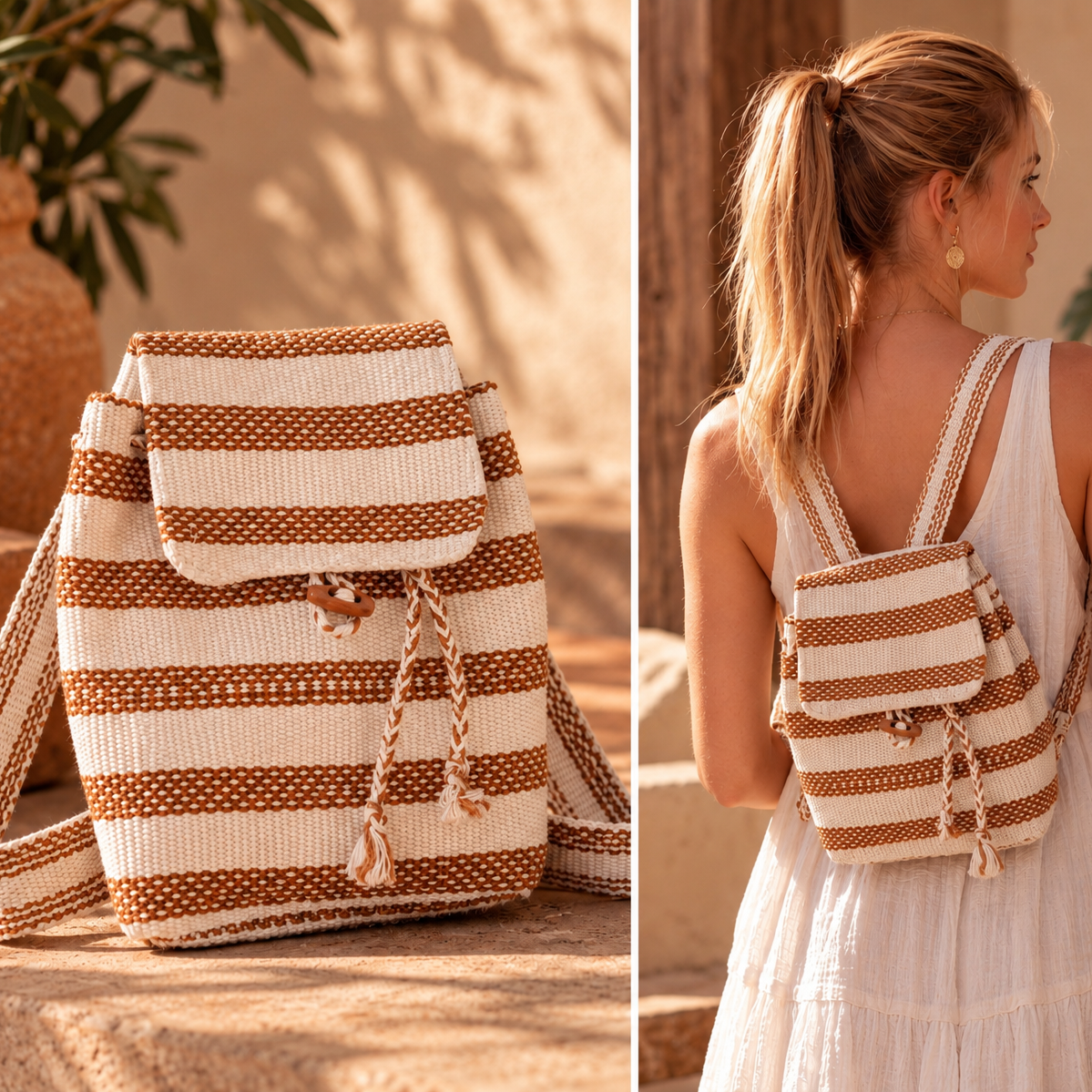 Origin Mini Backpack tejida a mano en algodón natural, tonos crema y tierra